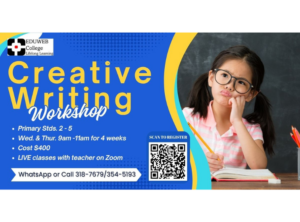 Creative Writing <br><strong><font color="#ff0000">Standards 2 to 5 <br>Wed & Thur 9.00-11.00am. <br>Starts Wed 16th July 2025</font></strong>